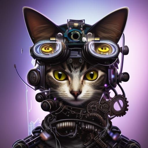 Cyberpunk Cat with Gear Hat Digital Illustration