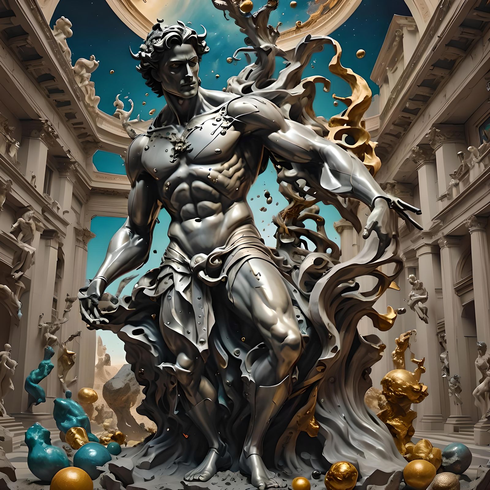 David Sculpture in Space, Surreal Pencil Drawing