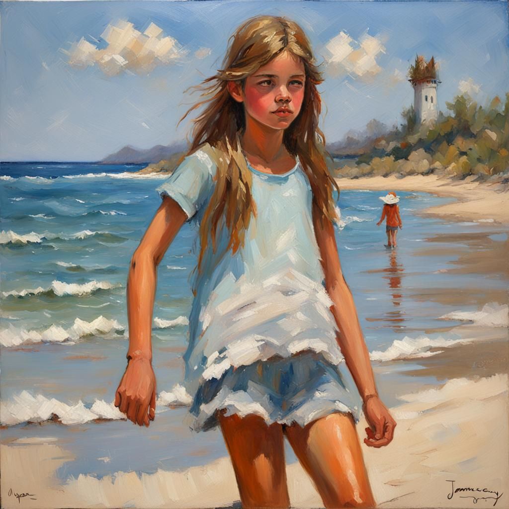Teen Girl on Beach: Oil Painting by Gurney Style