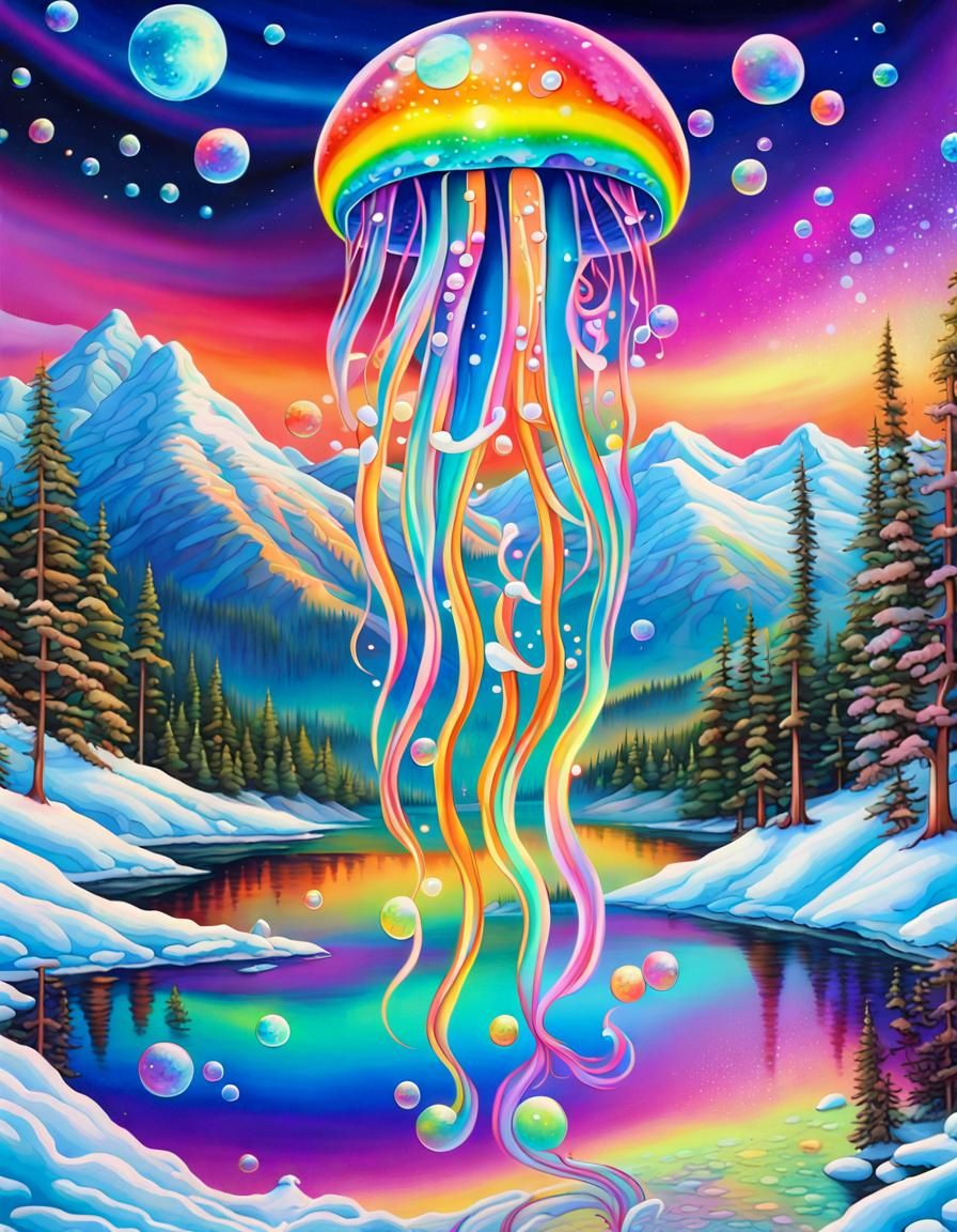 Rainbow Jellyfish Soaring Through Aurora Sky