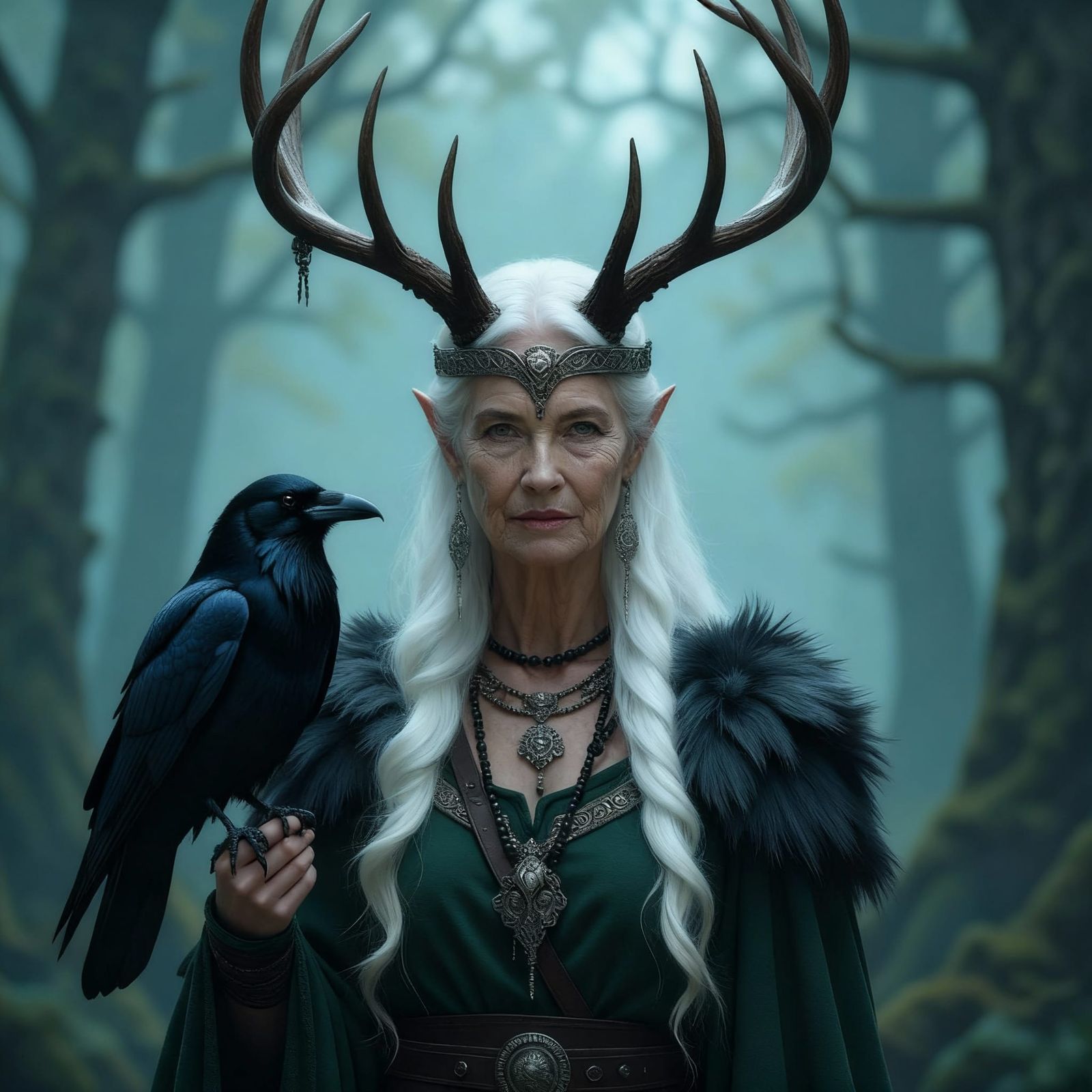 Norse Völva with Raven in Dark Fantasy Style