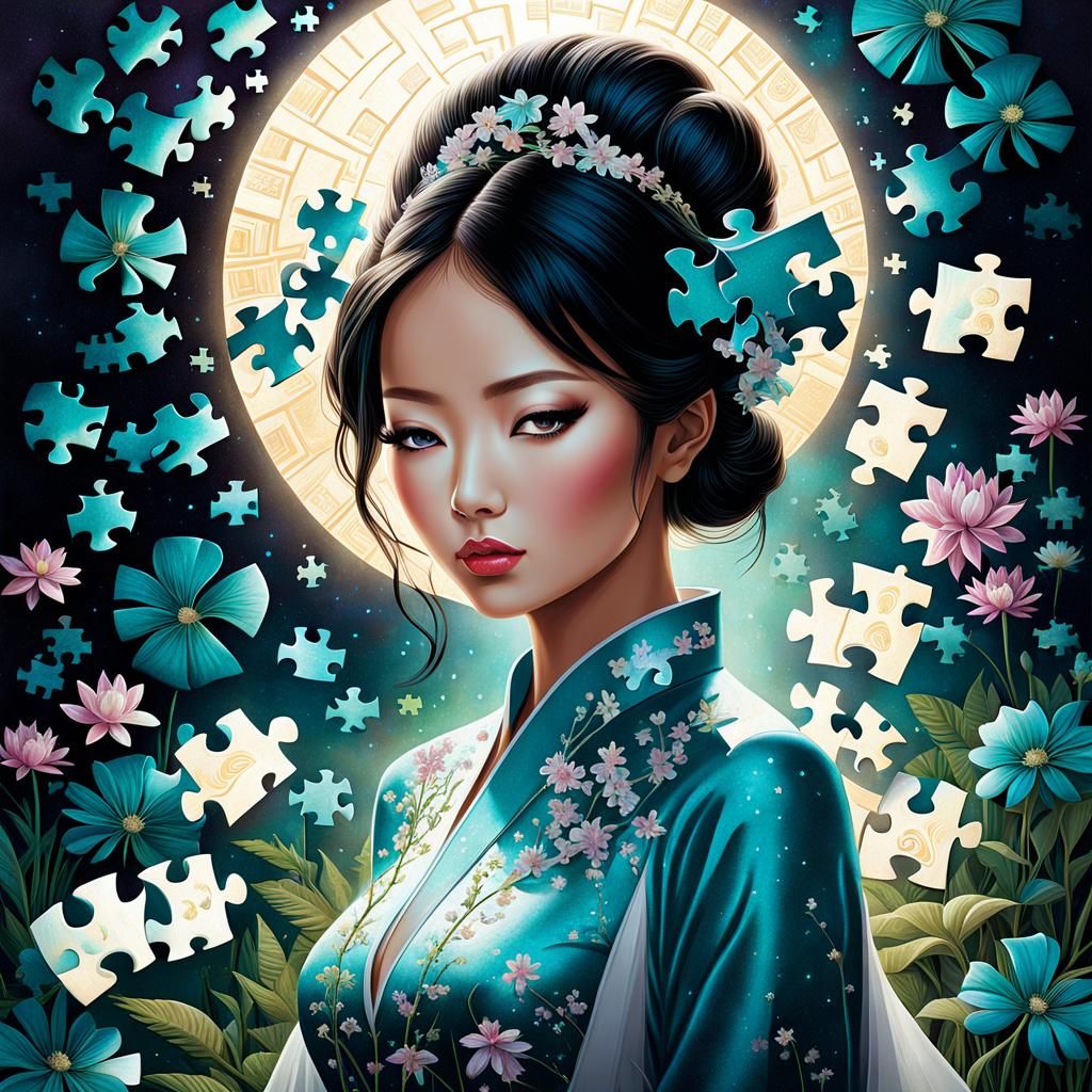 Thoughtful Asian Woman Amid Bioluminescent Flora