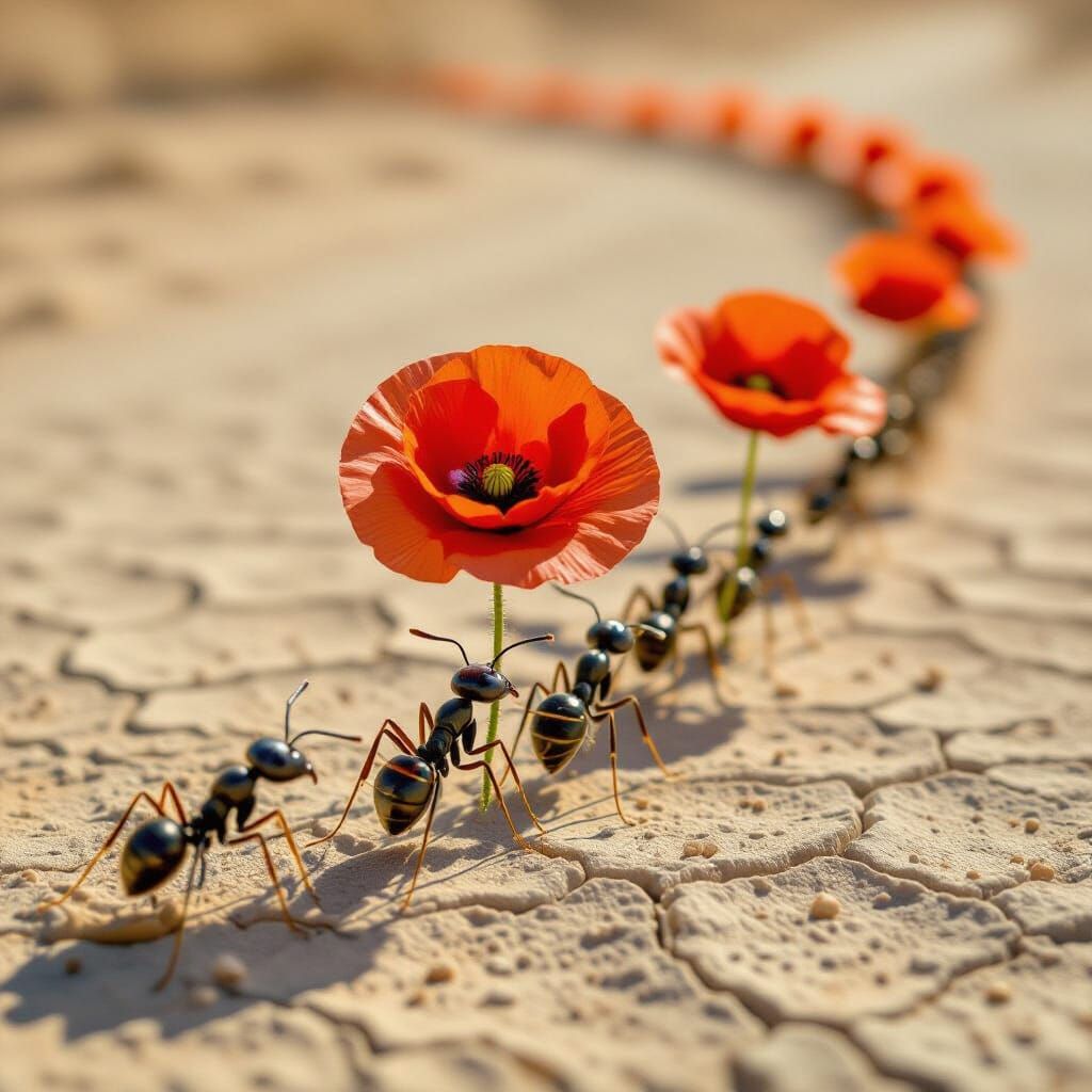 Ants Parade with Poppy Petals Across Desert Landscape