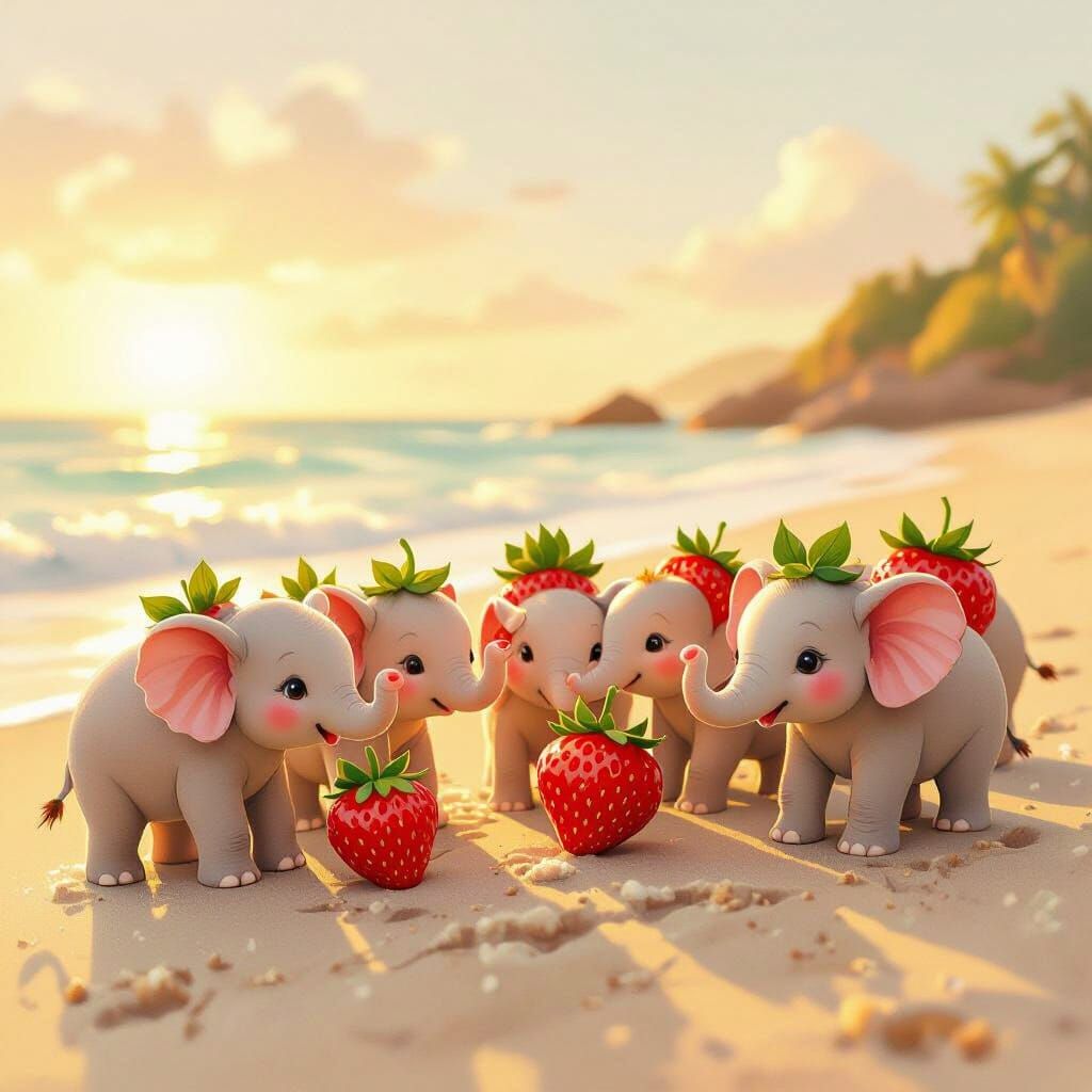 Adorable Strawberry Elephants on a Beach at Golden Hour