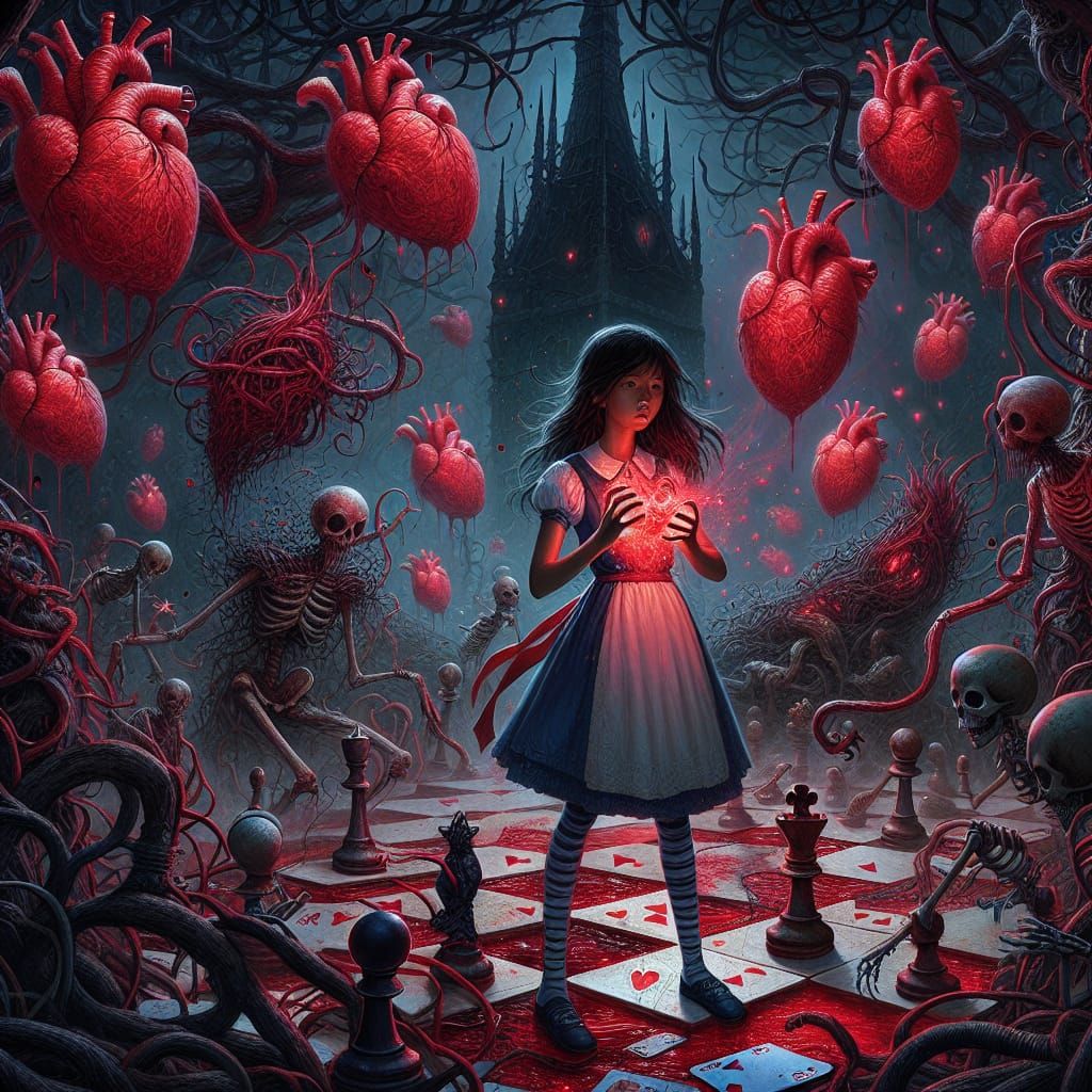 Dark Fantasy: Girl on Chessboard with Glowing Orb