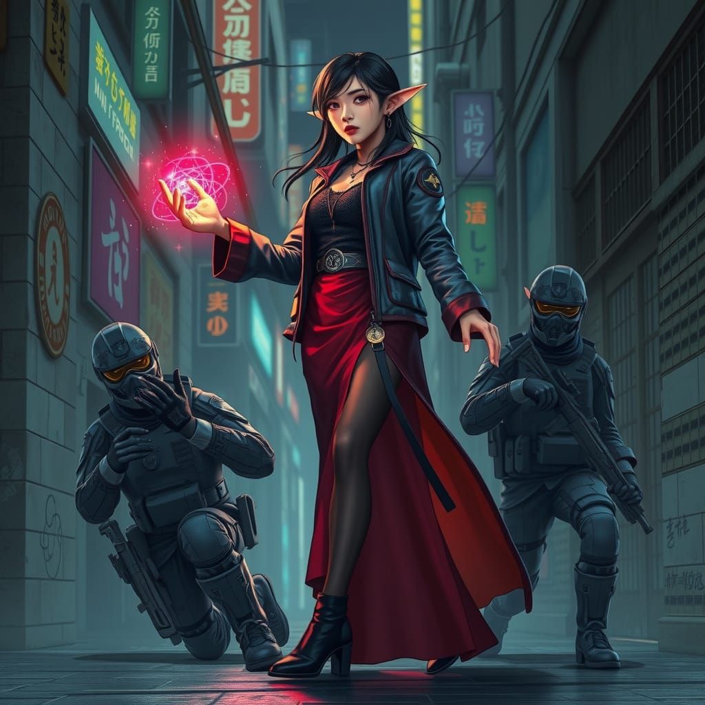Cyberpunk Korean Warrior Wields Magic in Dark Alley