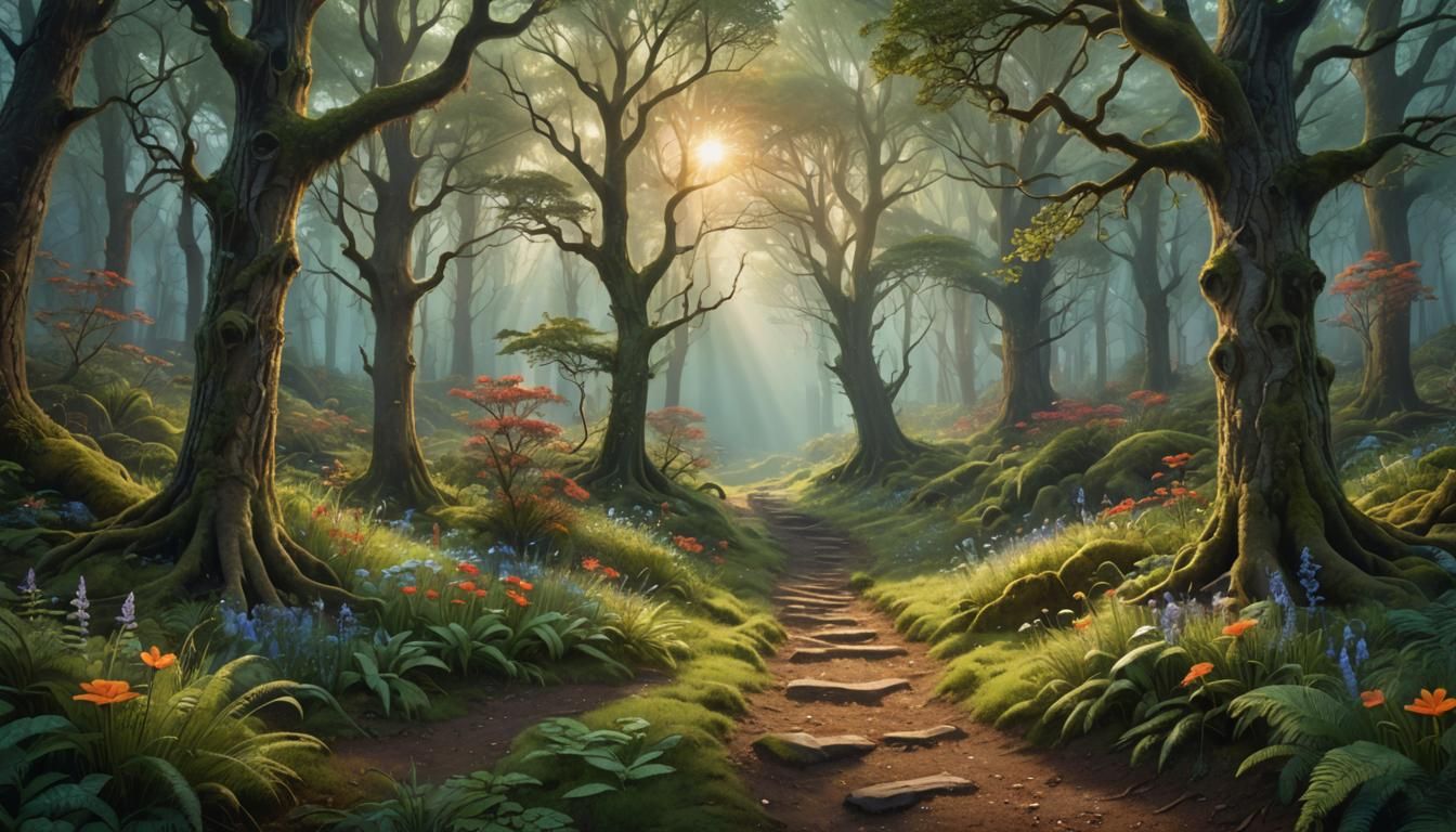 Magical Forest Path in Hyperrealistic Style