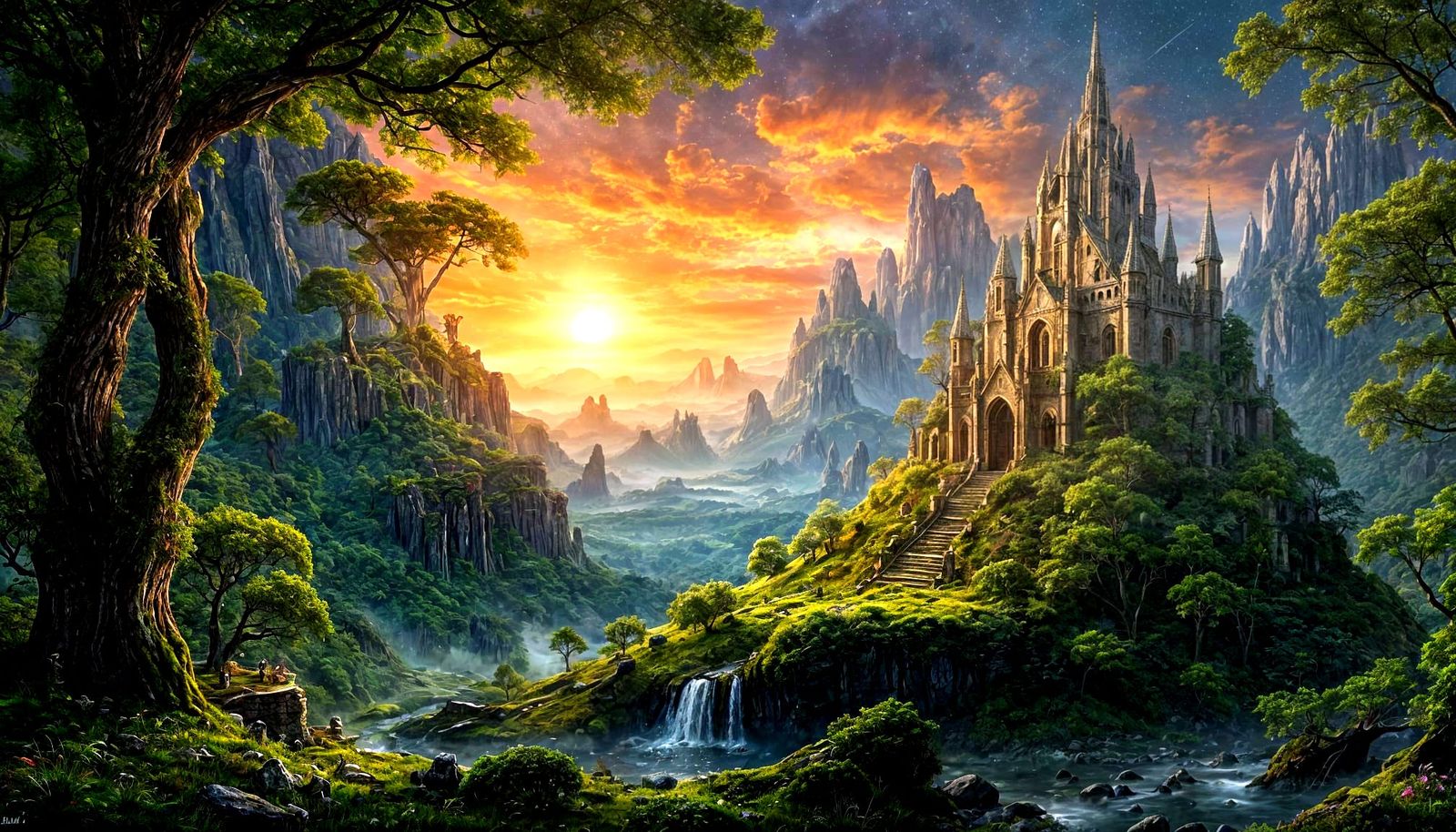 Elven Ruins Under Starry Nebula Sky