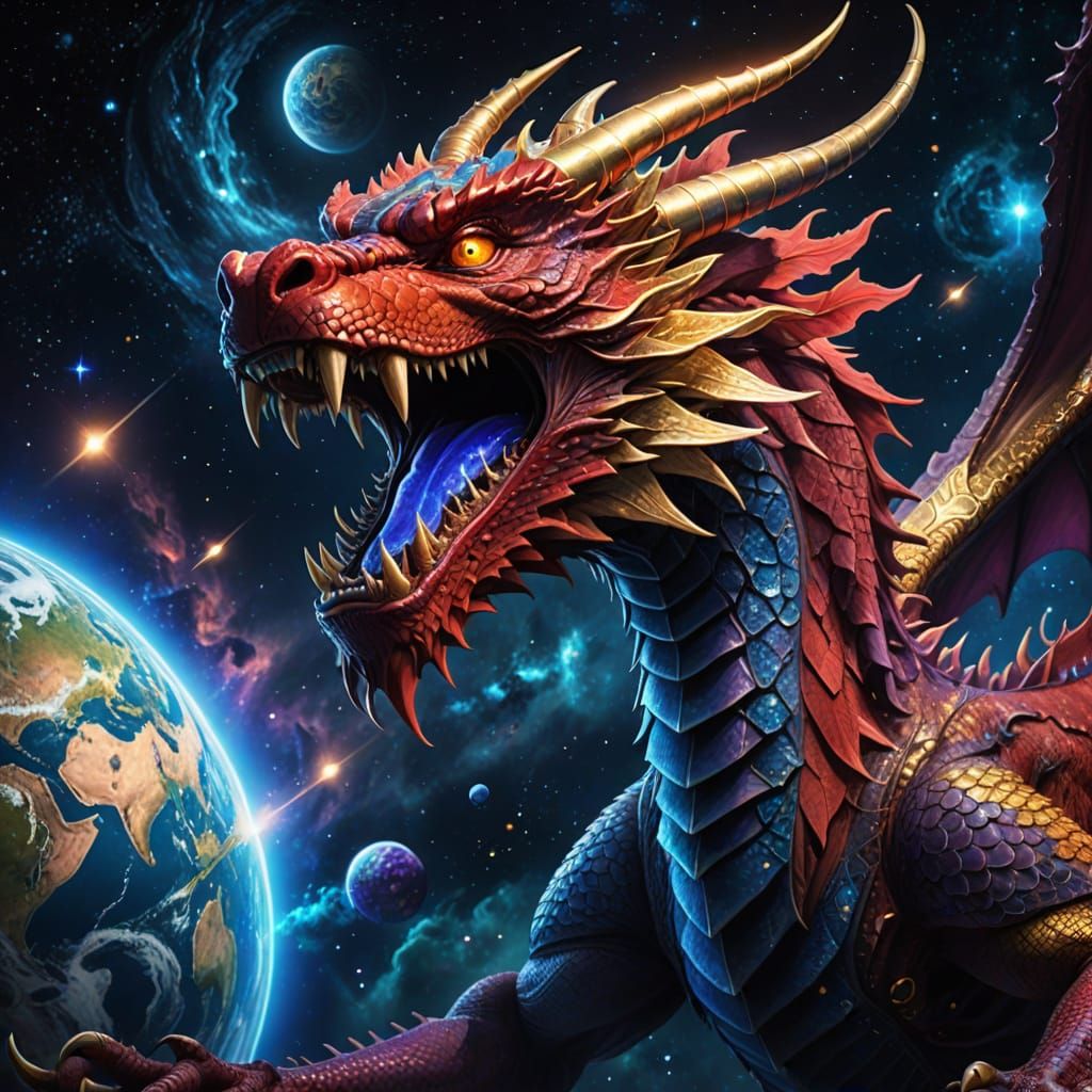 A Red Chinese Dragon Grasps Earth in Its Open Mouth Amidst a...