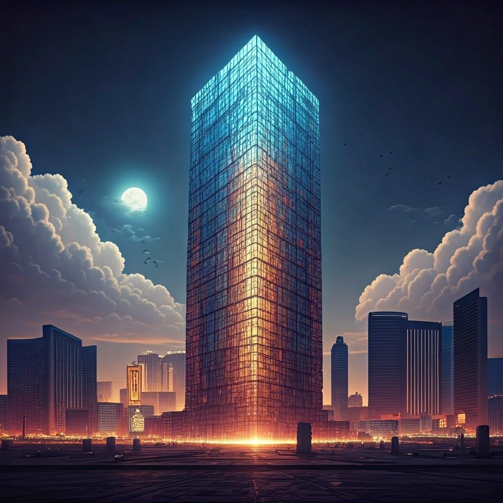 Surreal Futuristic Cityscape with Glowing Tower