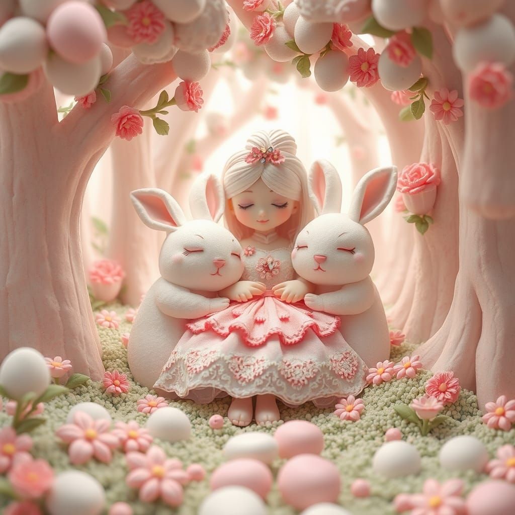 Marshmallow Forest Scene with Princess and Rabbits