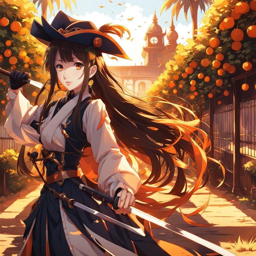 Anime Girl with Orange Yard in Cel-Shaded Style