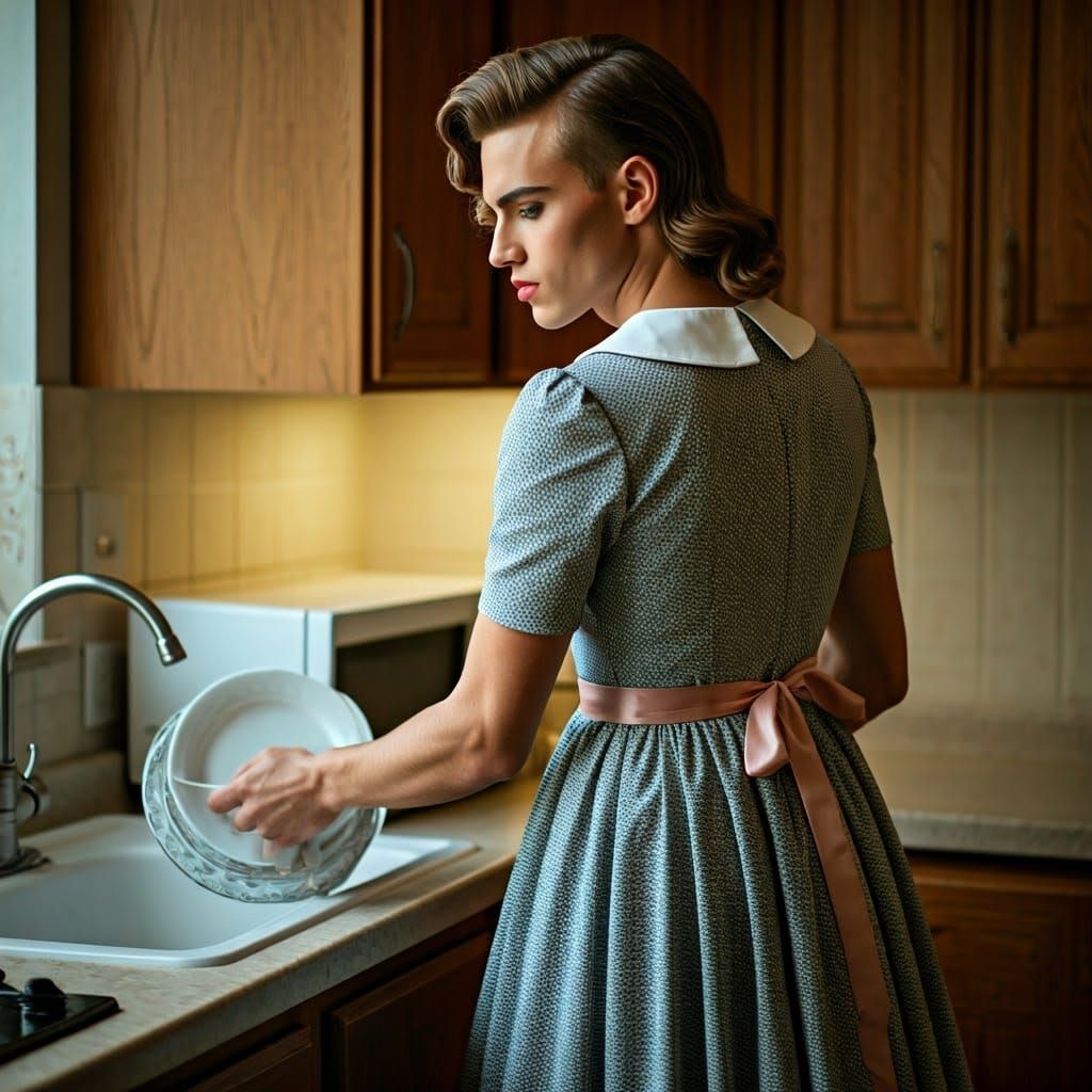 Masculine Gentleman in Vintage Dress, Washing Dishes in a Co...