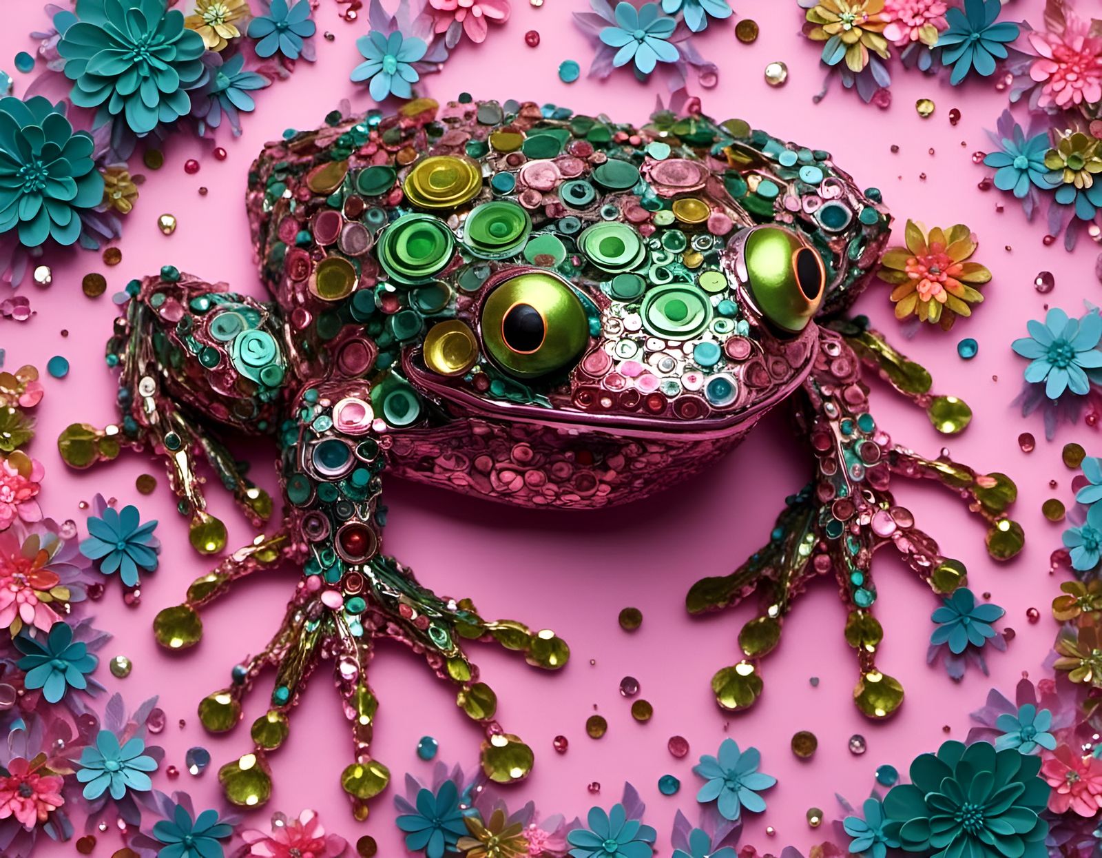 Metallic Pink and Green Frog in 3D Collage Art