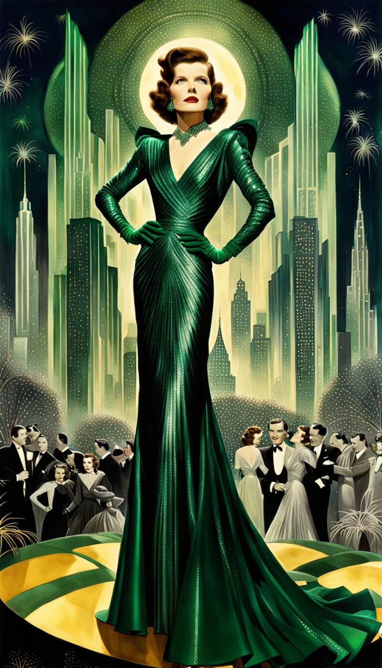 Katharine Hepburn in Emerald City: Art Deco Glamour