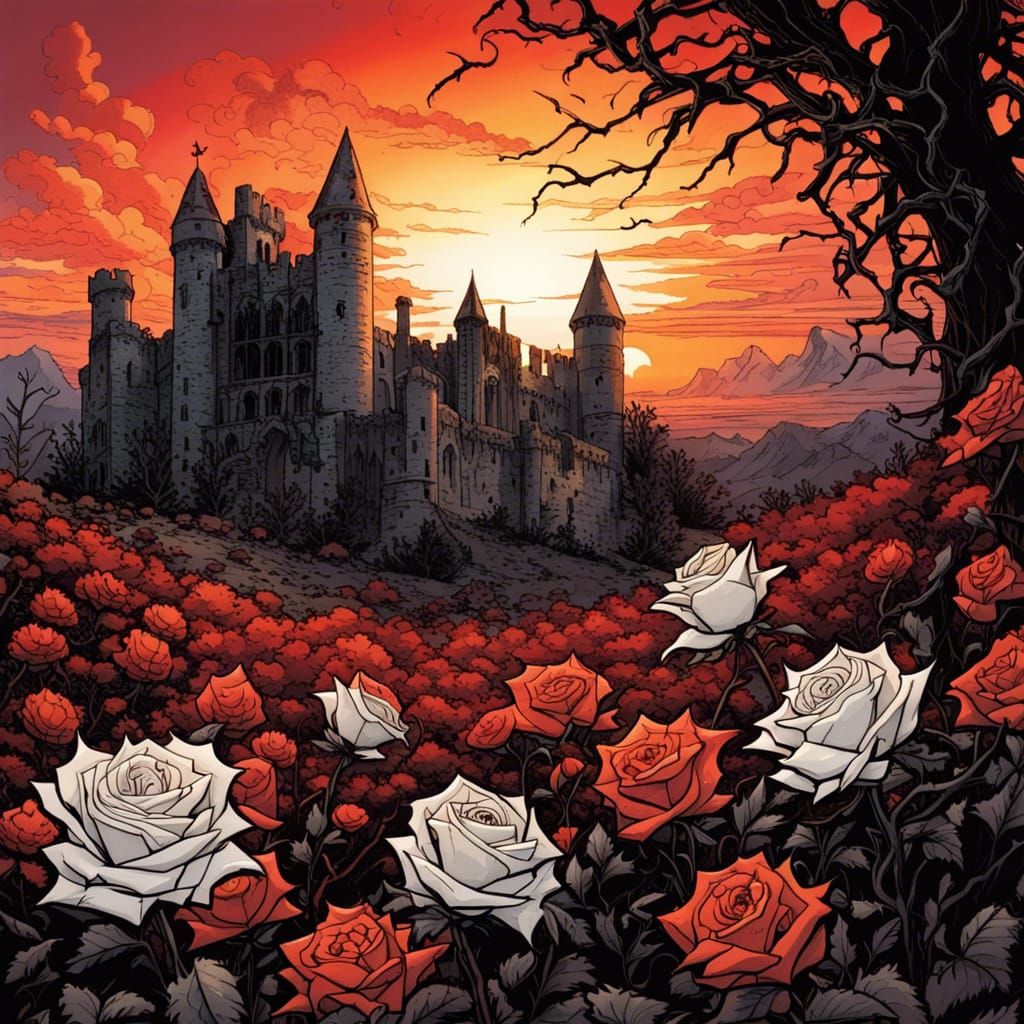 Gothic Castle Ruins with Roses and Thorns