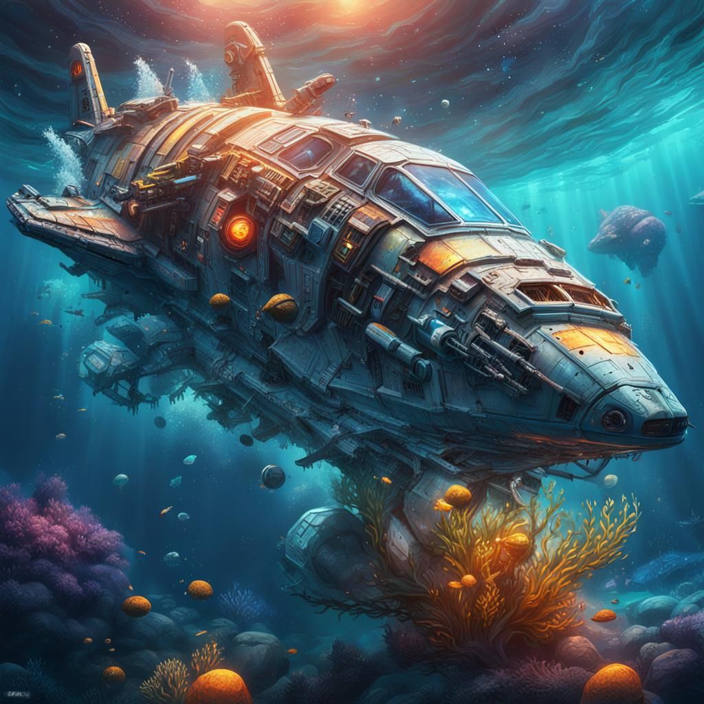 Underwater Spaceship Crash in Hyperrealistic Splash Art
