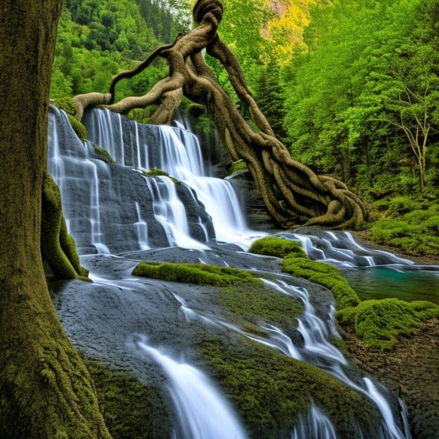 Twisted Tree, Waterfall, and Mountain Landscape