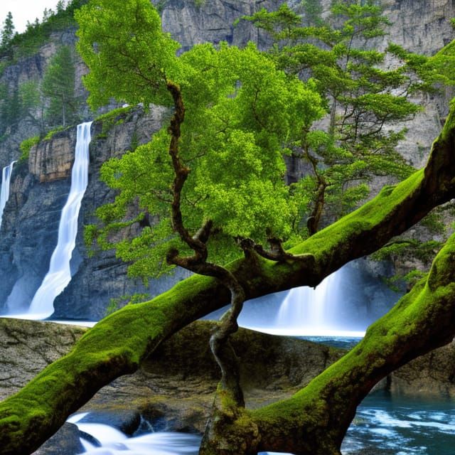 Scenic Mountain Landscape with Twisted Tree