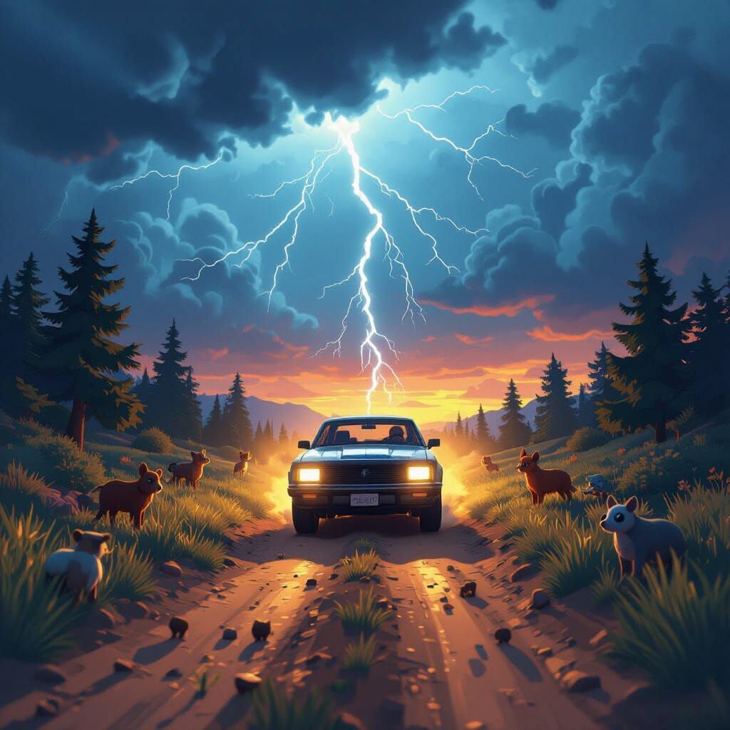 Roblox-Style Car Chase Amidst Storm and Wildlife