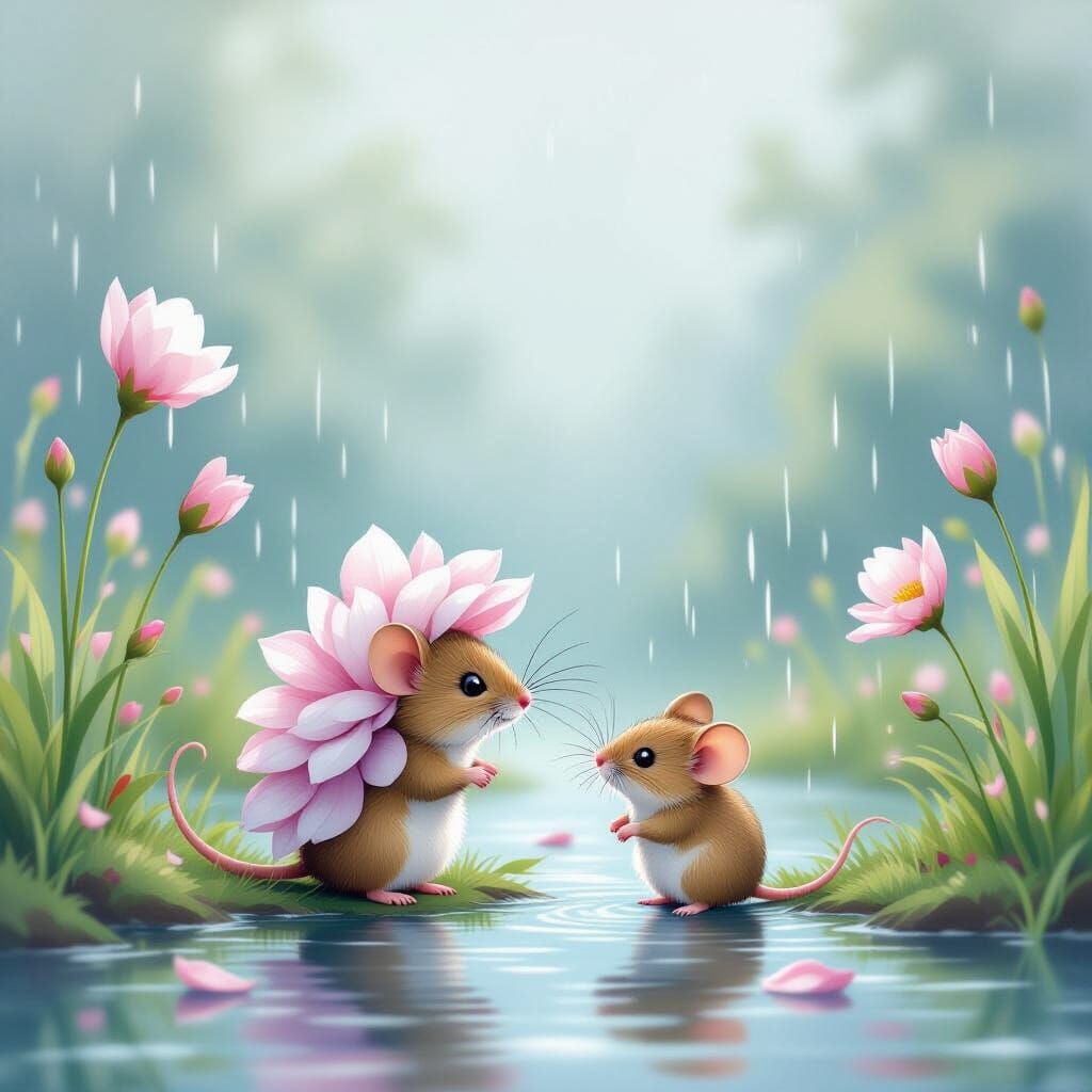 Tiny Mouse Under Flower Petals in Serene Rain