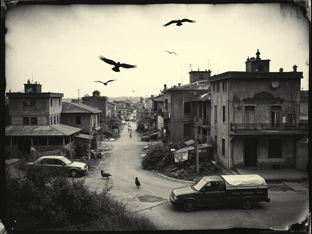 Vintage Monochrome Cityscape: Ruined Streets