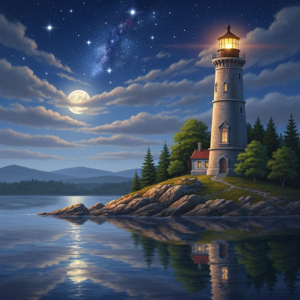 Ancient Lighthouse Illuminated on Rocky Island, Kinkade Styl...