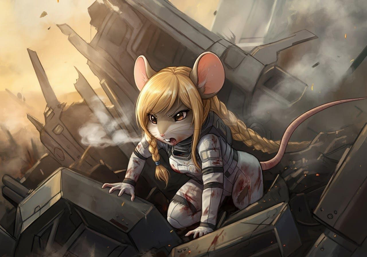Mouse Pilot Emerges from Mech Wreckage: Anime Art