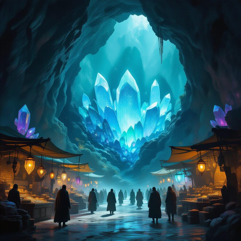 Fantasy Geode Marketplace with Glowing Minerals