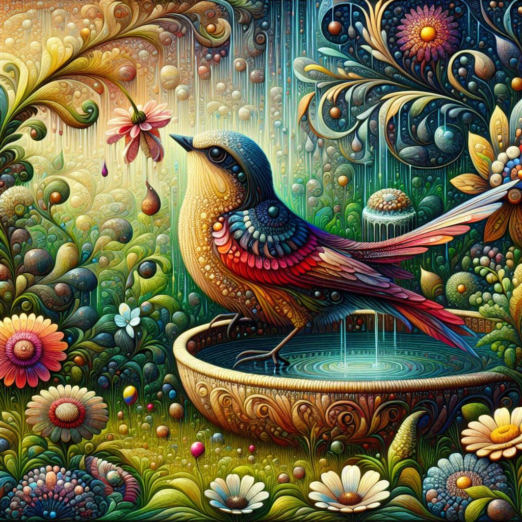 Surreal Bird Singing in Waterfall Garden