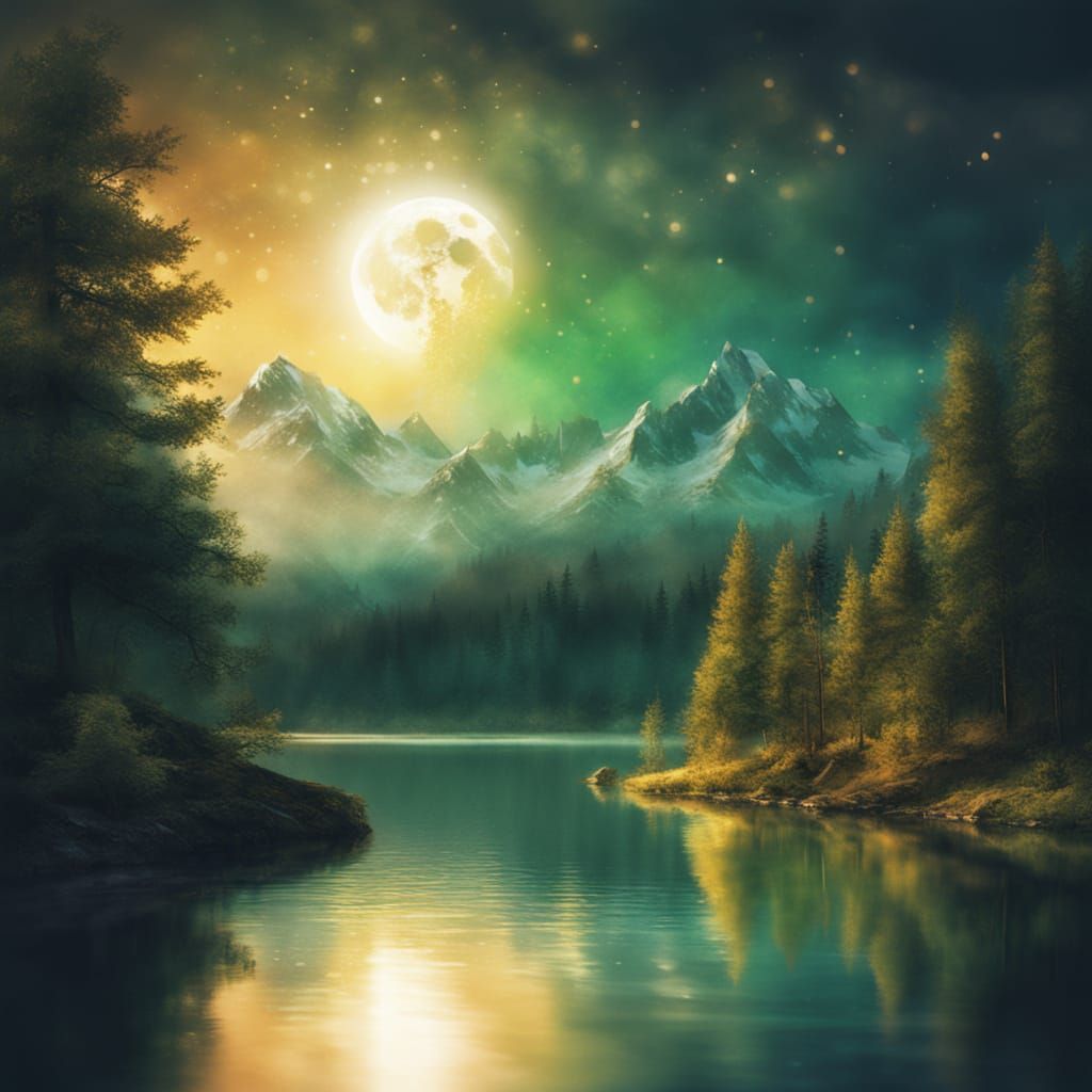 Majestic Golden Moon Over Serene Lake in Baroque Style