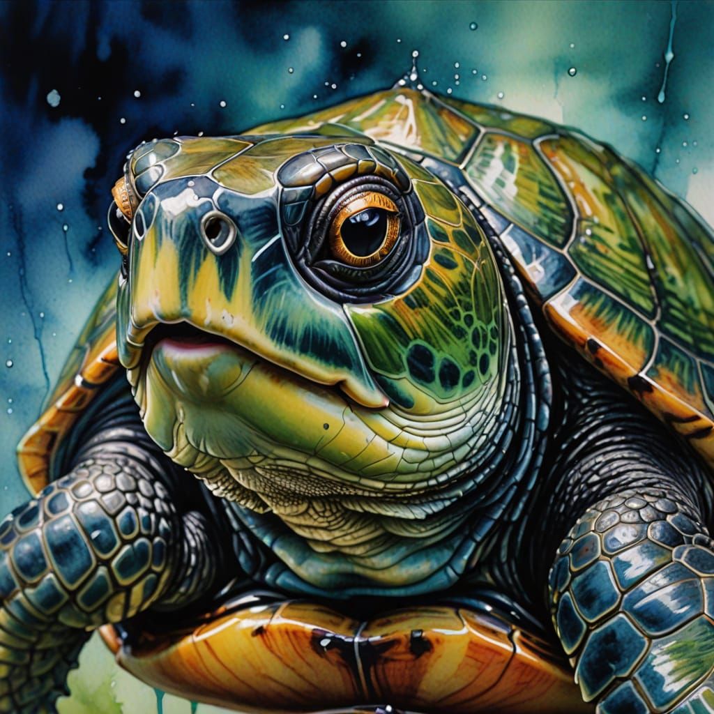 Startled Turtle in Watercolor Alcohol Ink Style