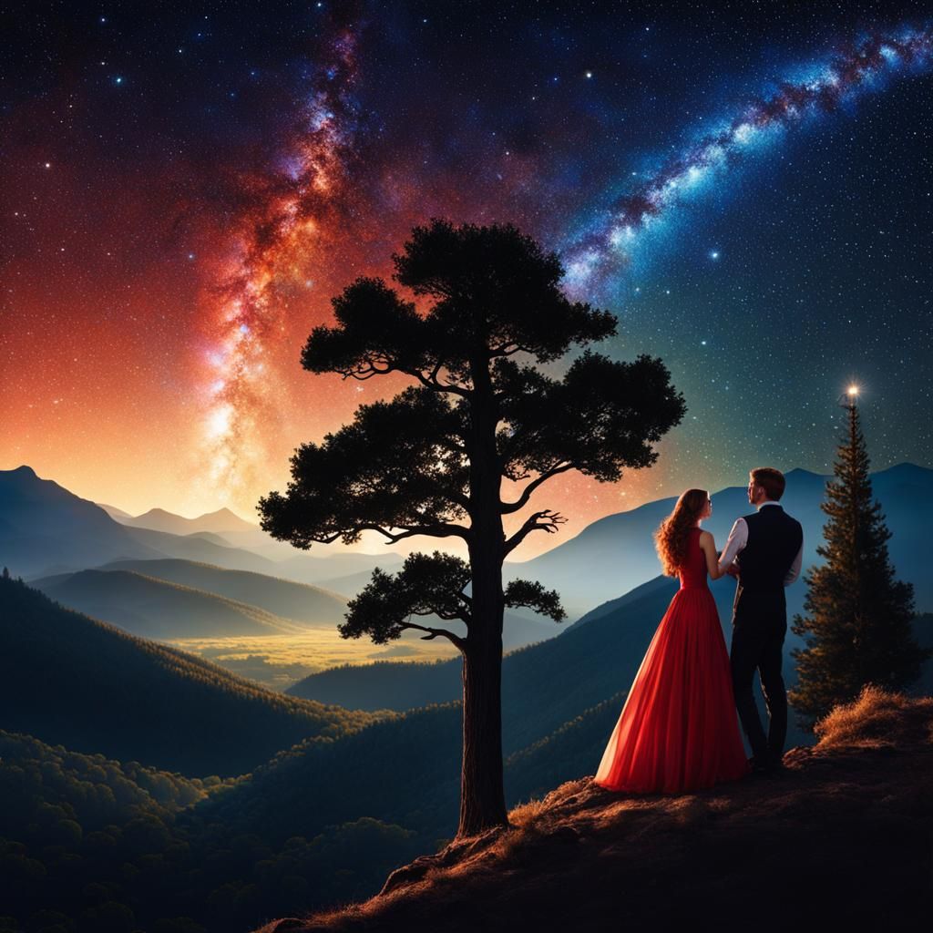 Romantic Starry Night with Couple, Digital Matte Painting