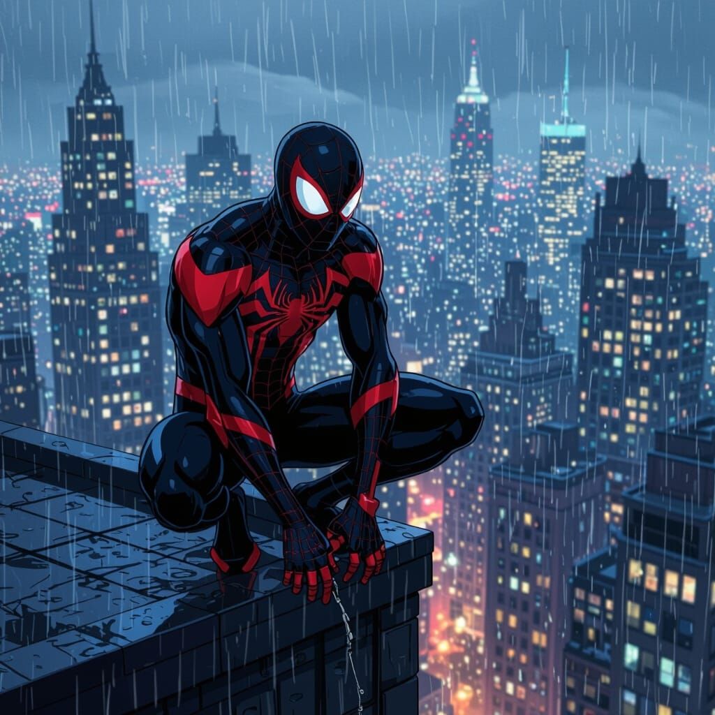 Symbiote Spiderman Rooftop Scene in Animated Series Style