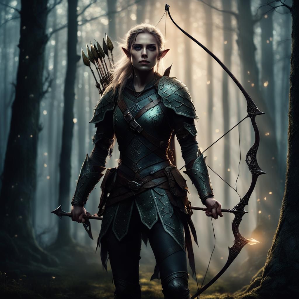 Wood Elf Ranger in Misty Moonlight Forest