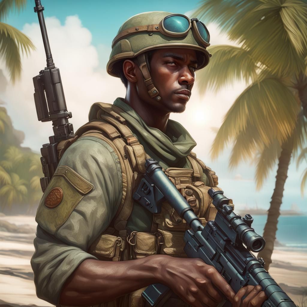 Paradise Island Soldier Portrait in Hyperdetailed Style