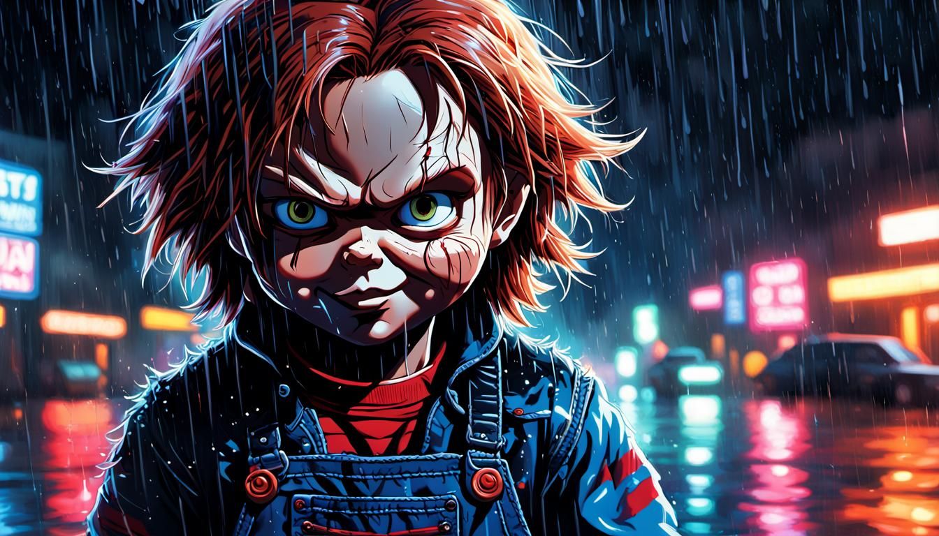 Chucky Portrait in Rainy Neon Lights, Anime Style