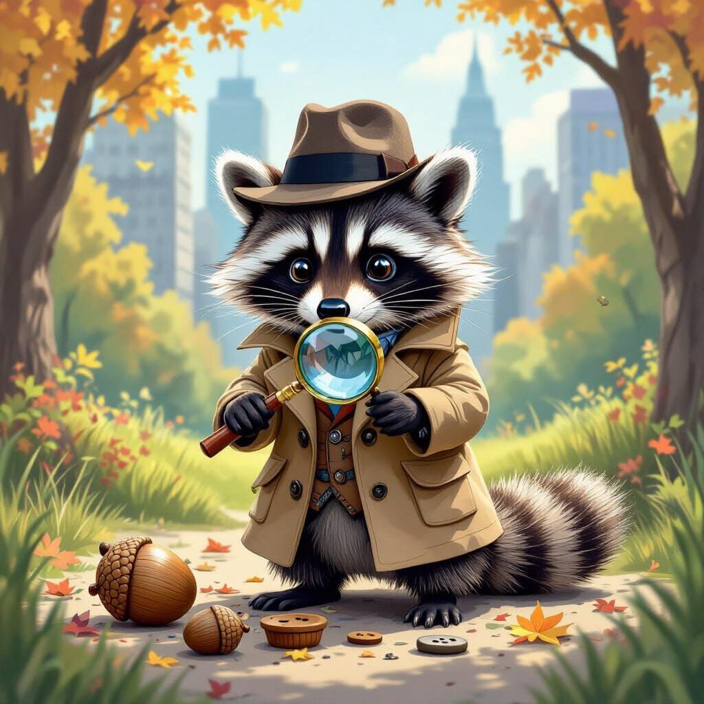Raccoon Detective in City Park: Digital Painting