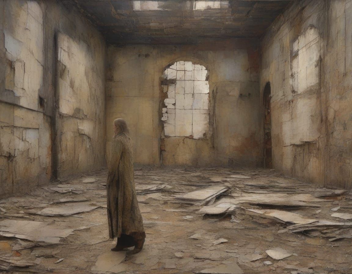 Monumental Artwork of Woman in Ruins as Impasto Painting