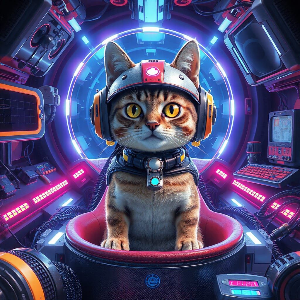Android Cyberpunk Cat Navigator in Futuristic Space Skiff