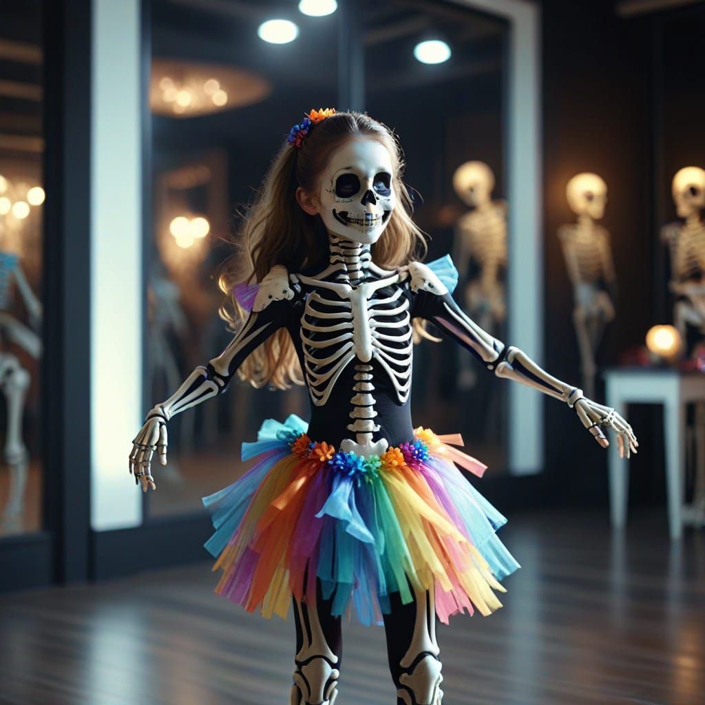Girl in Skeleton Costume Dancing Happily