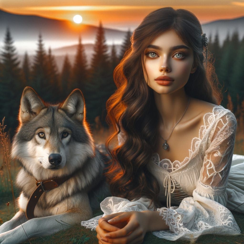 Serene Sunset Scene with South Asian Woman and Loyal Wolf in...