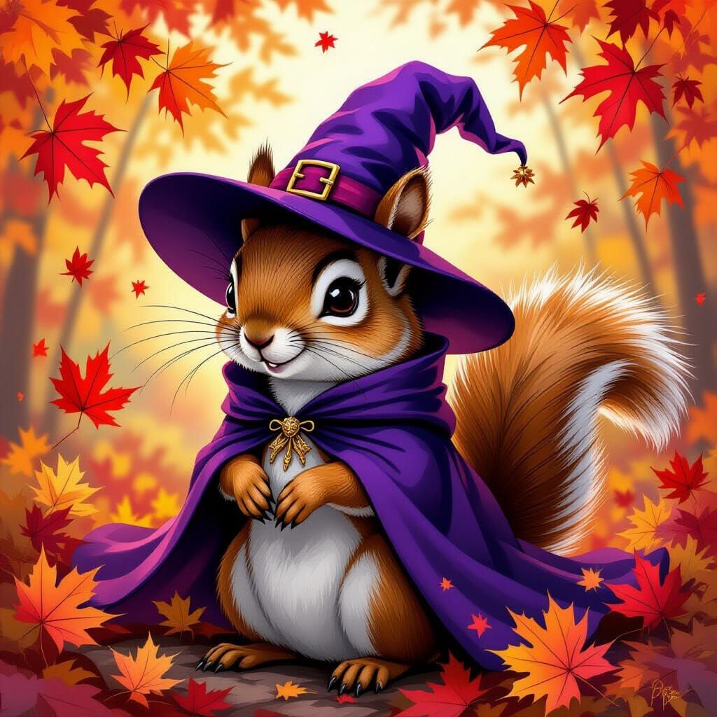 Whimsical Witch Squirrel in Autumn Leaves
