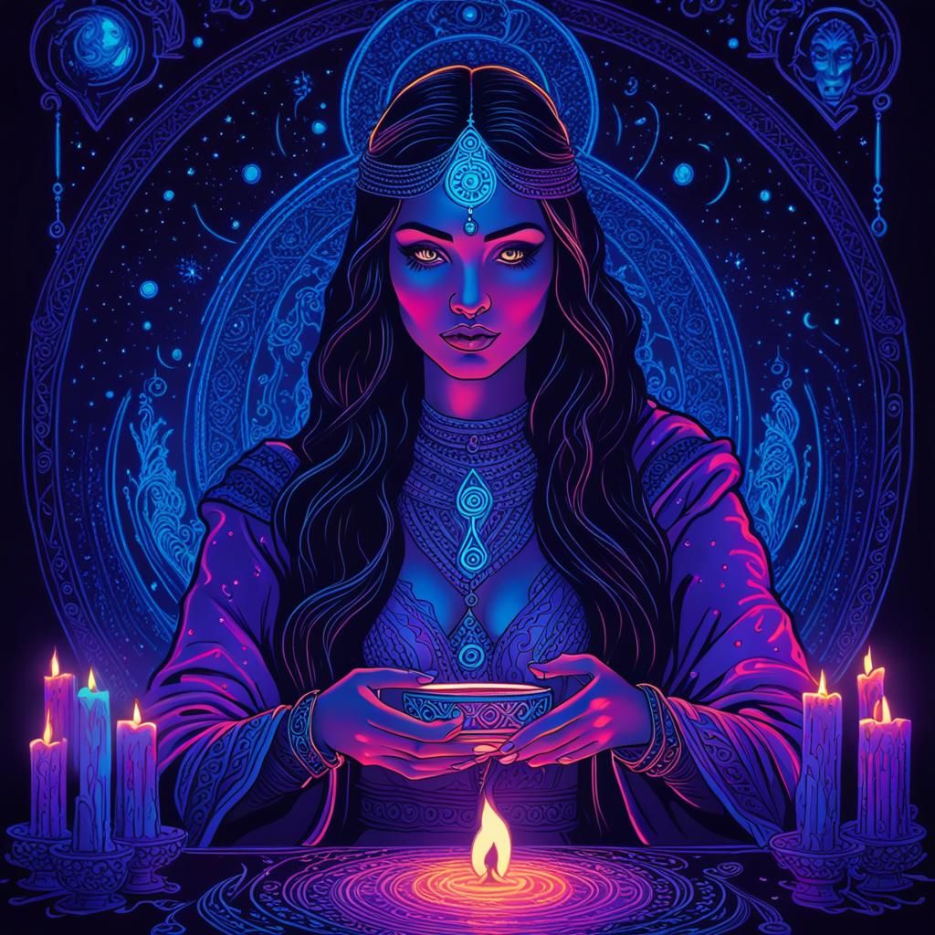 Mysterious Woman's Tarot Reading in Neon Twilight