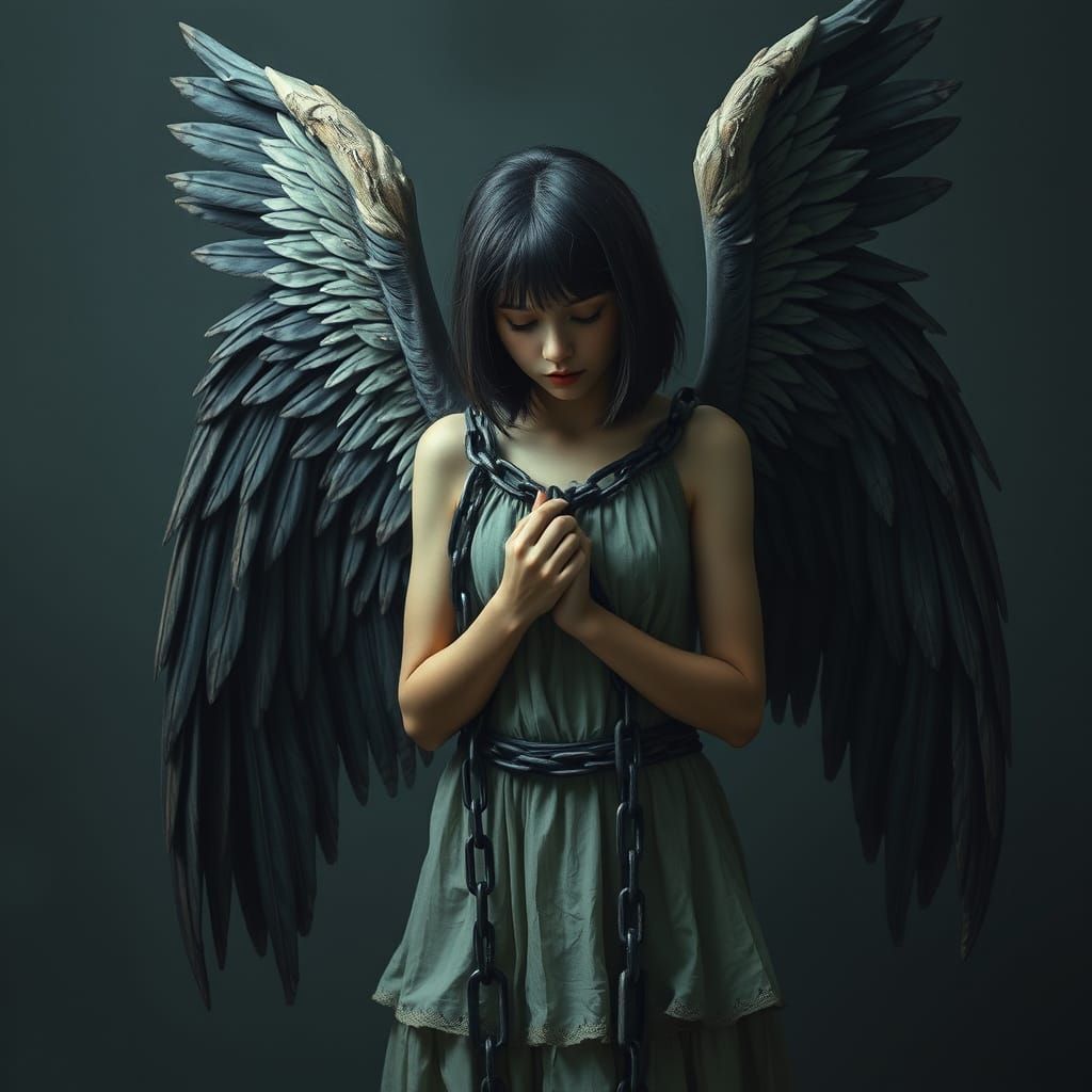 Girl with Wings Bound by Chains in Realistic Art