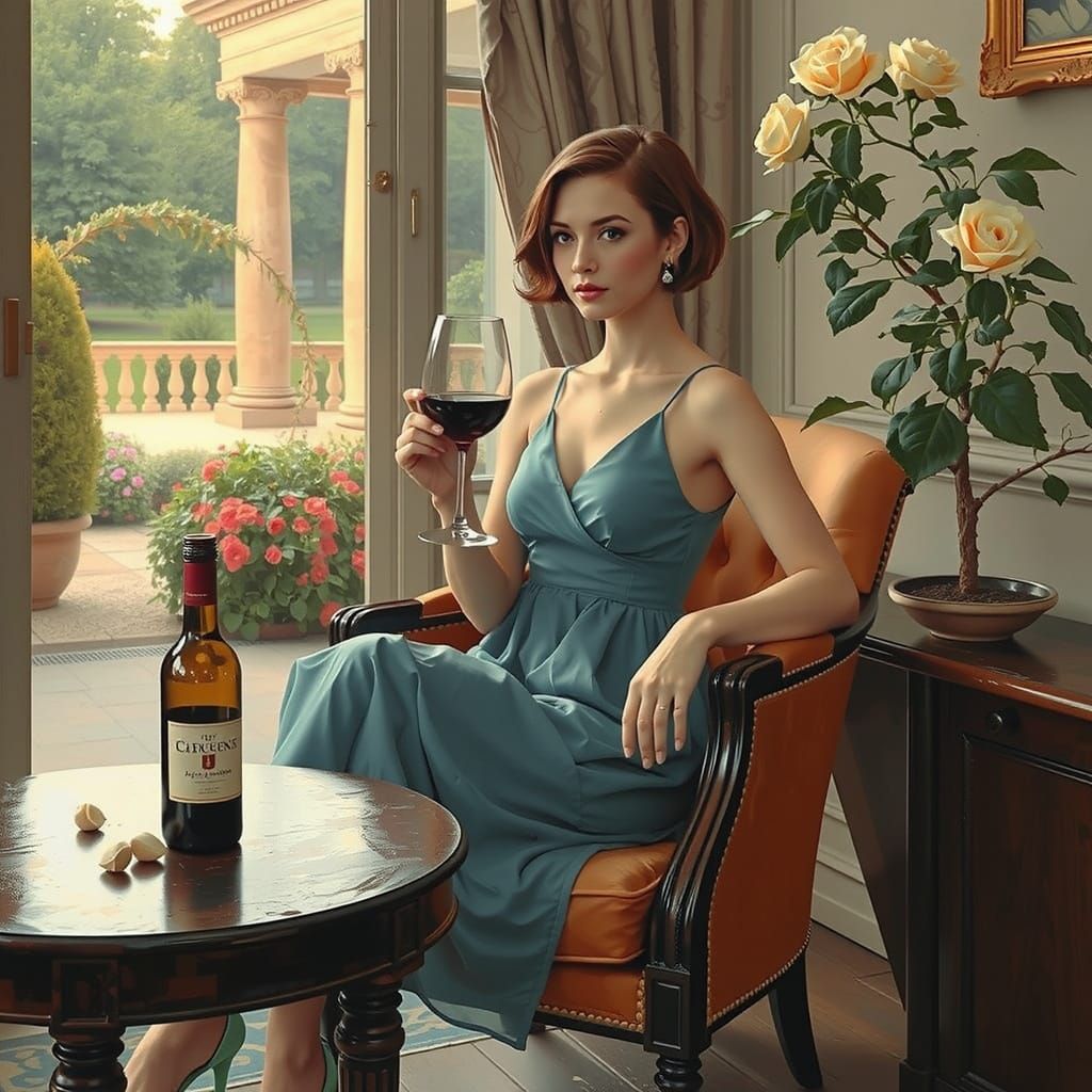 Elegant Young Woman Sipping Wine in a Lush Garden
