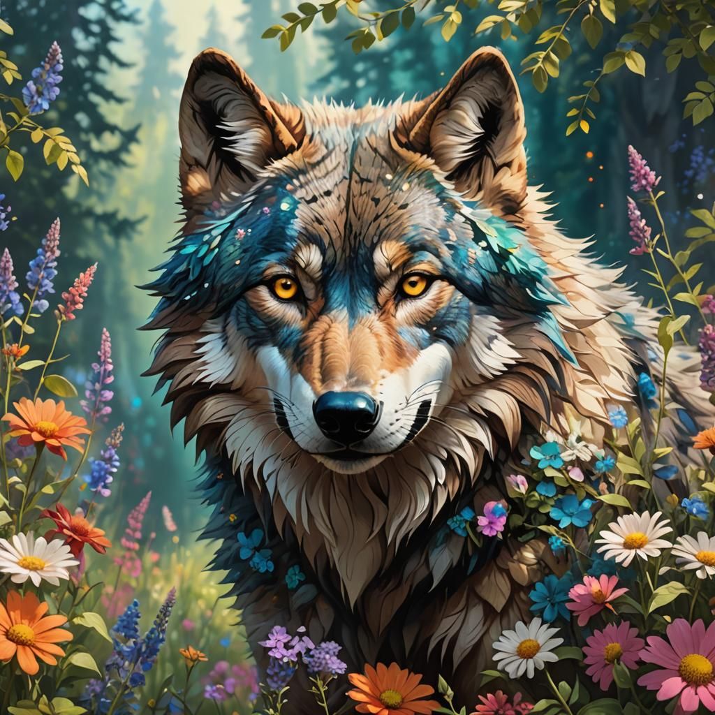 Wolf Face with Wildflowers: Hyper-Realistic Wildlife Concept...