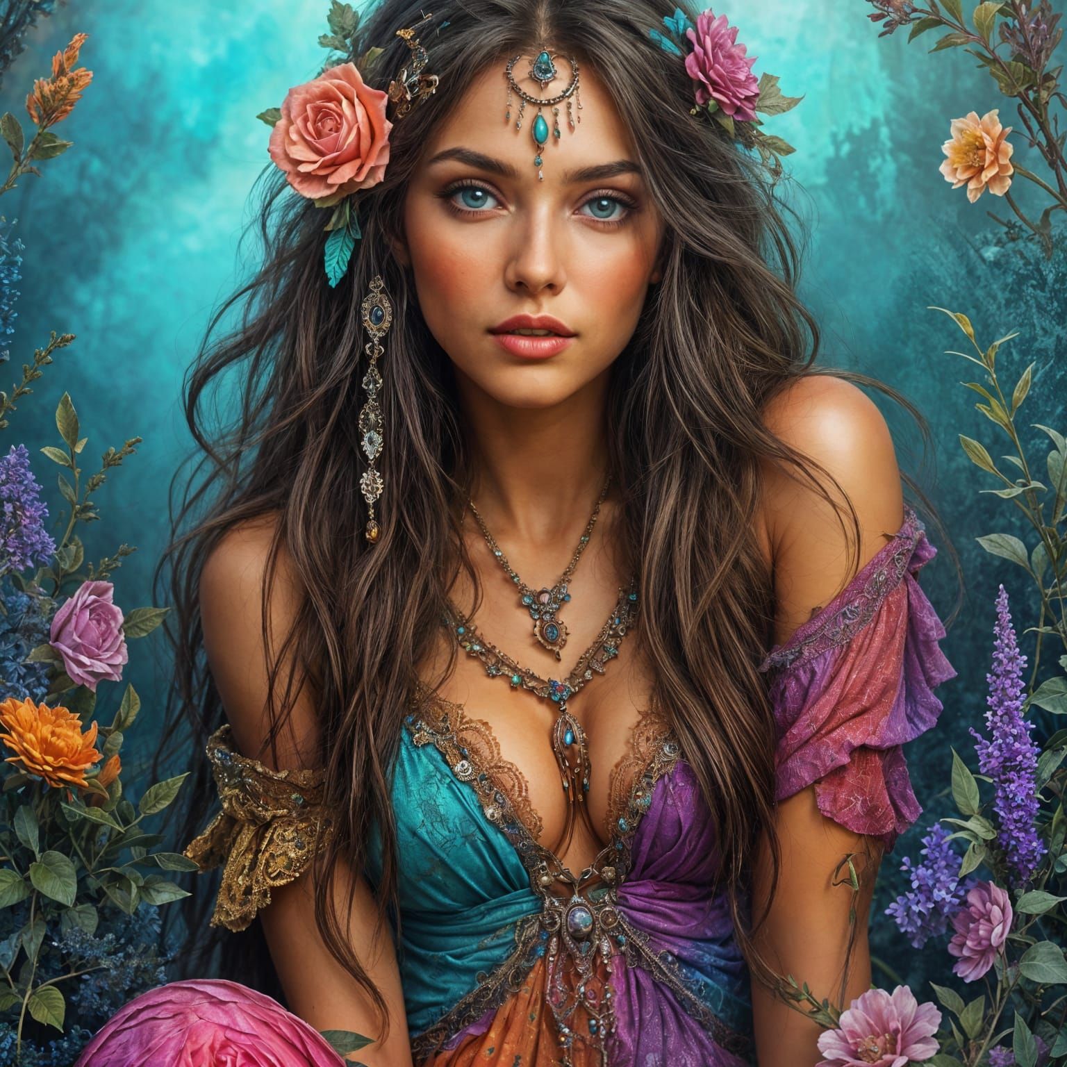 Bohemian Woman with Flowing White Hair in Colorful Dress