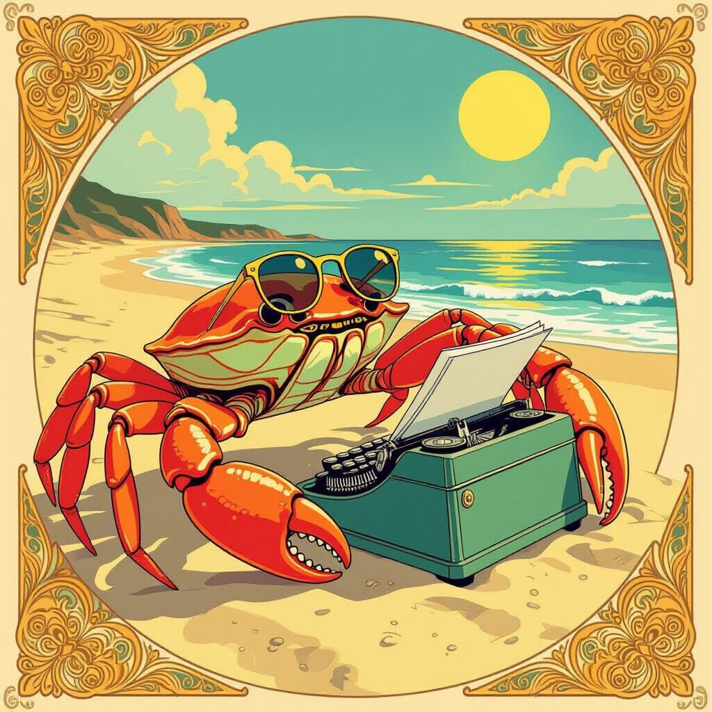 Art Nouveau Crab Writes Book on Sunny Beach