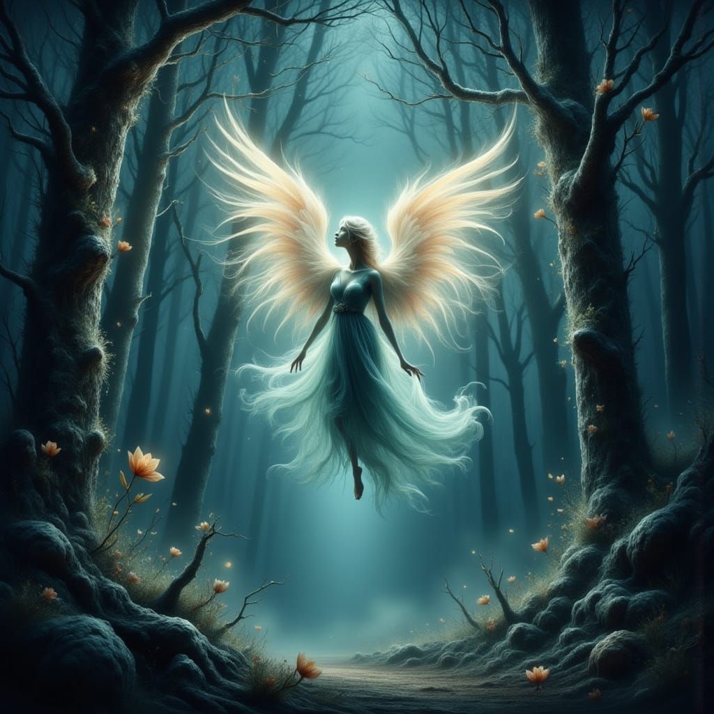 Angelic Figure Floats Through Misty Forest Treetops